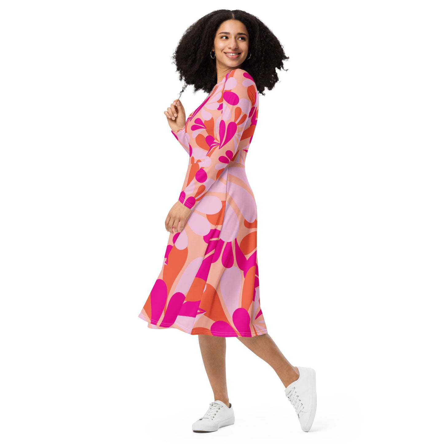 All-over print long sleeve midi dress